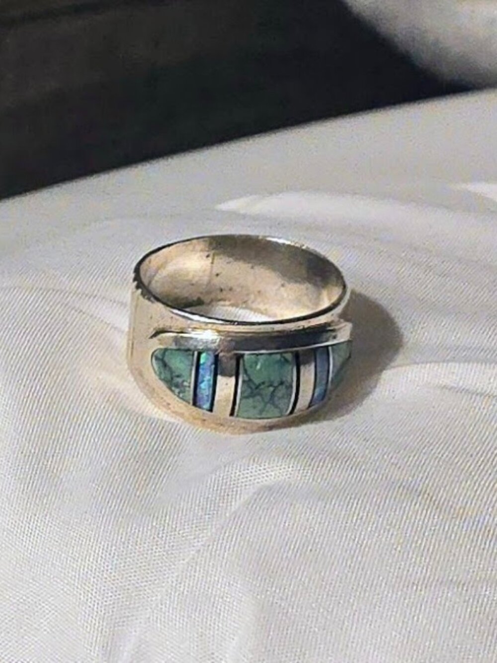 💎 ZUNI-STYLE STERLING SILVER & TURQUOISE INLAY STATEMENT RING